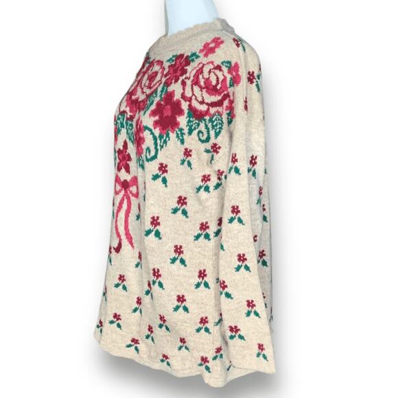 Vintage 90s Sweater Tan Burgundy Floral Bow Knit Design Scalloped Neck Coquette - Picture 4 of 10